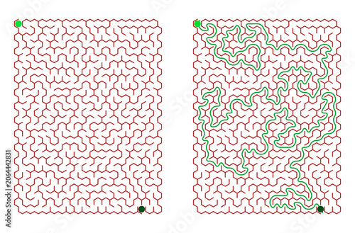 Printable maze puzzle with highlighted solution path for children and adults  