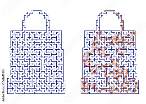 Printable maze puzzle with highlighted solution path for children and adults  
