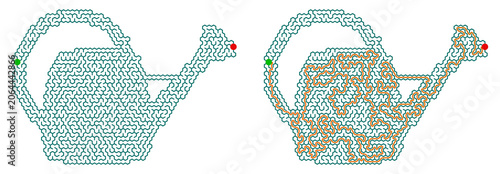 Printable maze puzzle with highlighted solution path and Watering Can design  