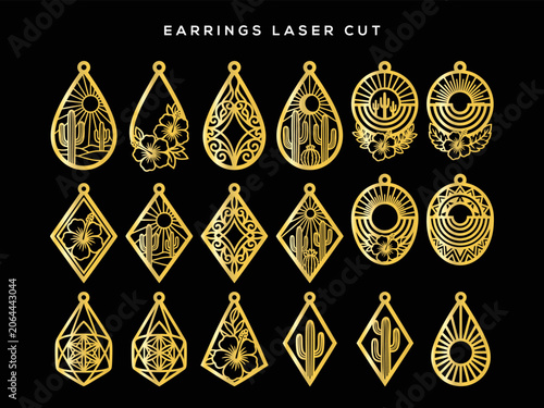 Gold luxury earring laser cut templates set featuring celestial and botanical patterns isolated on dark black background
