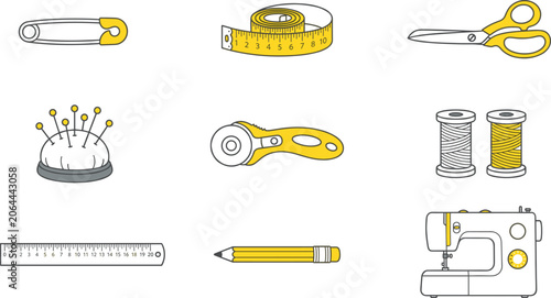 Foto Tailoring and dressmaking yellow line icon set with sewing machine tools fabric