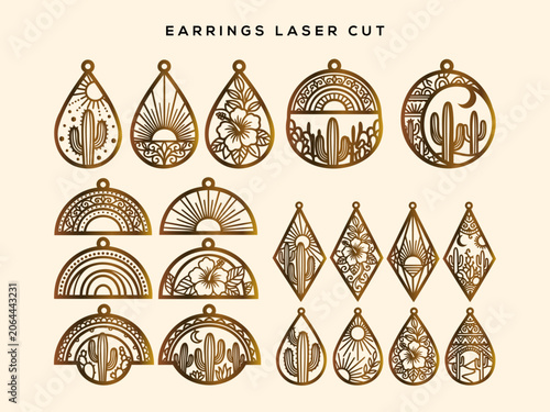 Boho laser cut earring templates set with celestial sun moon rainbow and desert cactus vector designs on light background