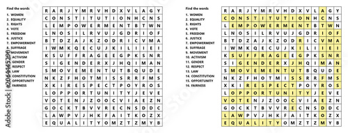 Word search puzzle for Women's Equality Day with hidden words and highlighted answers for children and adults  