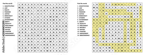 Word search puzzle for Constitution Day with hidden words and highlighted answers for children and adults learning and activity 