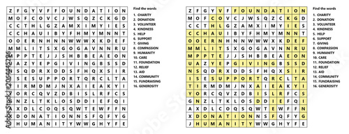 Word search puzzle for International Day of Charity with highlighted answers and hidden words for learning language