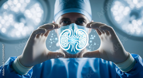 Surgeon holding glowing digital kidney icon in operating room with medical lighting lamps.