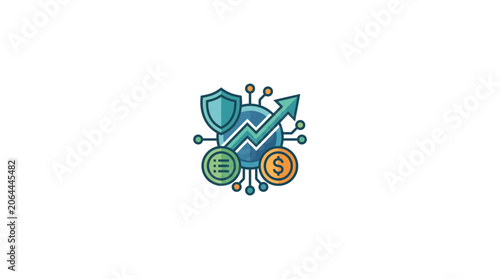 Digital Finance Security Growth Icon: Shield, Upward Graph, Coin, Data Network