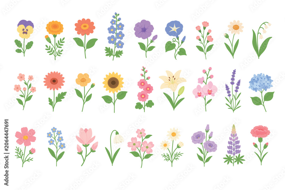 Obraz premium Cute flat vector spring flowers collection isolated on white background.