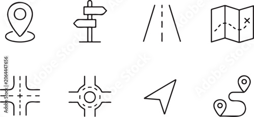 line icon set of navigation and location symbols style, travel direction icons with editable outline strokes, mapping interface collection in minimal vector format
