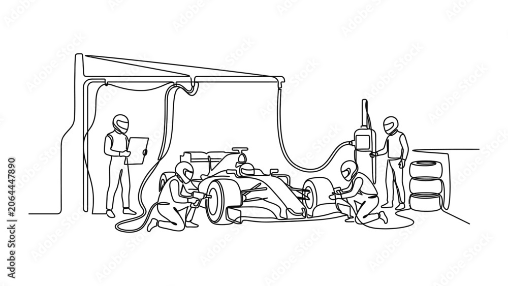 Naklejka premium Formula 1 Pit Stop Line Art: Team Services Race Car