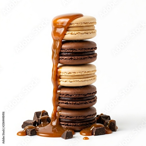 Stack of chocolate and caramel macarons isolated on white background with chunks