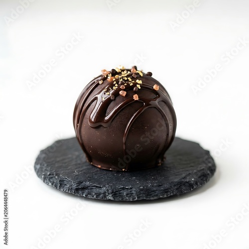 A gourmet chocolate truffle dessert on a black slate plate isolated on white background