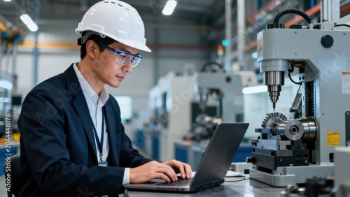 Engineer working on laptop in factory