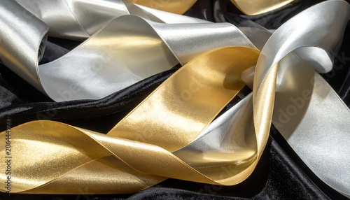 Gold and Silver Satin Ribbons on Dark Fabric Representing Luxury and Elegance