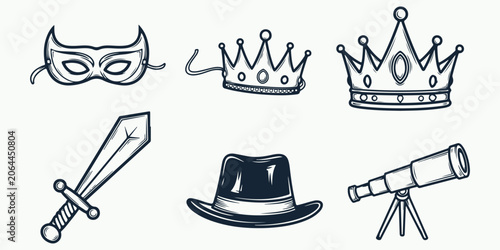 Foto Fantasy roleplay costume accessories collection featuring mask crowns sword hat