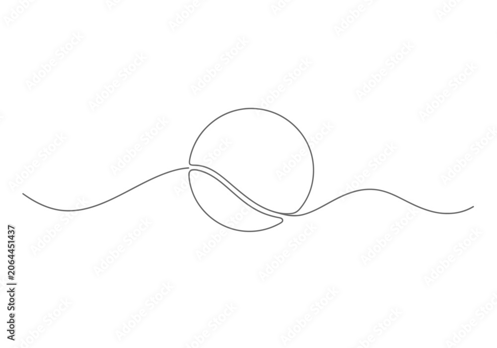Obraz premium Continuous line art of a sun rising over ocean horizon waves