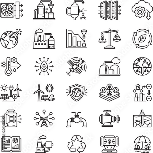 Direct Air Capture Line Icons Set for Carbon Removal Technology, Climate Solutions and Clean Energy Innovation