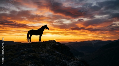 Silhouette of a horse standing on a mountain ridge during a dramatic colorful sunset