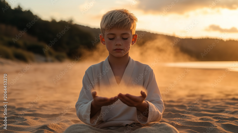 Fototapeta premium Ai Child practicing mindfulness on the beach during sunset with sand shimmering in his hands