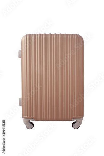 Travel plastic hard suitcase isolated on white background. Brown spinner luggage for trips. Front view.
