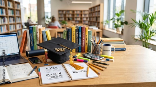 Academic Study Desk Setup with Graduation Cap for University Students and Library Learning