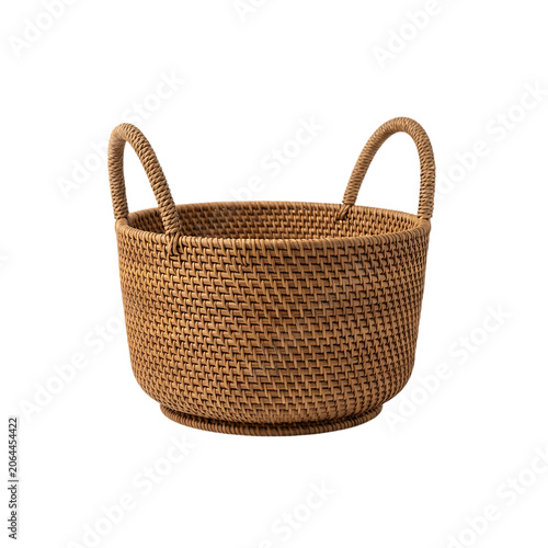 Brown woven basket with handles on white background