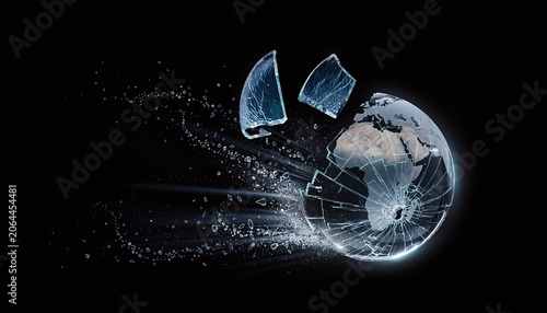 A fragile glass Earth globe shatters into flying pieces on a dark background, evoking a powerful sense of ecological crisis, destruction, and urgency. Ideal for environmental themes nobody.