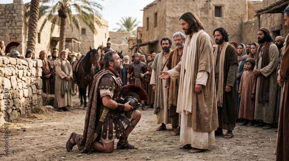 Fototapeta premium Jesus Christ standing before a kneeling Roman centurion in a biblical town. Religious scene depicting faith and humility in ancient Judea. Classic historical depiction for Easter concept.