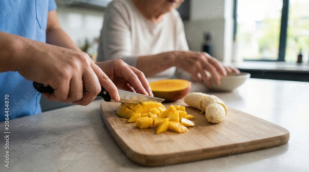 Obraz premium Hands cutting mango and banana on wooden board in kitchen