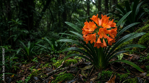 Vibrant orange clivia miniata flower blooming beautifully in a dark lush green tropical rainforest environment highlighting striking natural contrast.