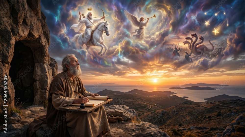 Naklejka premium Saint John the Apostle writing the Book of Revelation in a cave. Vision of Jesus Christ on a white horse, an angel and a dragon in the sky. Biblical scene for Christian religious art.