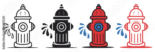 Schilderij op canvas Fire hydrant icons, silhouette water hydrant symbols for firefighting equipment, emergency protection signage, vector illustration