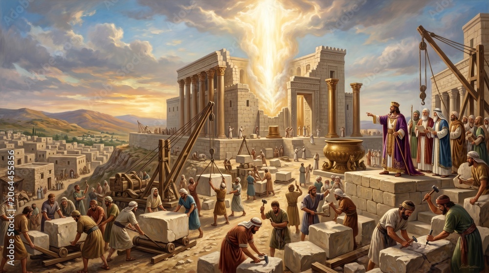 Obraz premium King Solomon directing the construction of the Temple in Jerusalem. Biblical scene featuring workers, stone masons, and divine light. Religious historical art, ancient history concept.