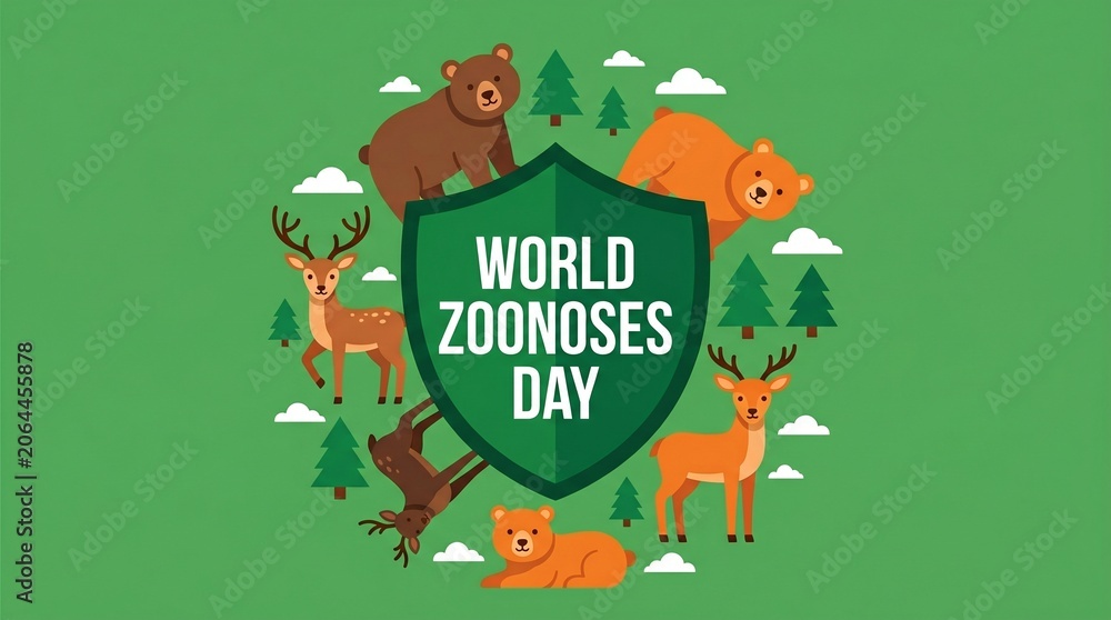 Fototapeta premium World Zoonoses Day Vector Illustration with Wild Animals, Deer and Bear Cute Cartoon Characters in Forest with Shield Icon for Awareness Banner, Poster, and Global Health Campaign