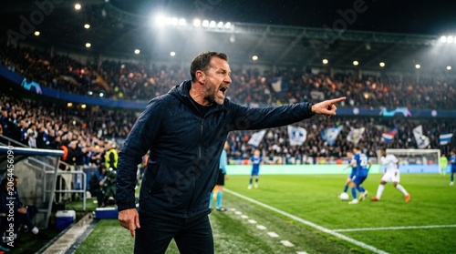 Passionate football coach shouting and pointing on the sideline during an intense night match in a crowded arena with bright floodlights, strong leadership concept for sports media.