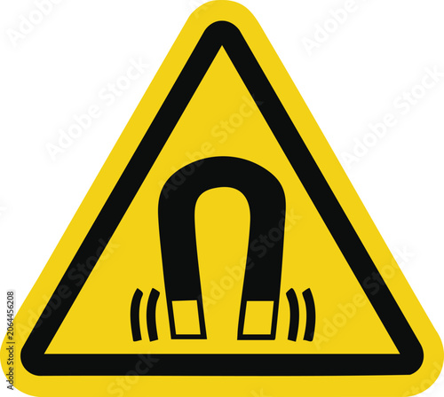 Magnet warning sign horseshoe magnet symbol with magnetic field lines caution alert for electronic devices isolated on white