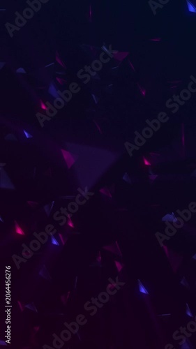 Dark stylish gaming styled background with shiny neon colored polygon shapes spinning past the camera with reflecting pink and blue light beams. Full HD and looping vertical animation.