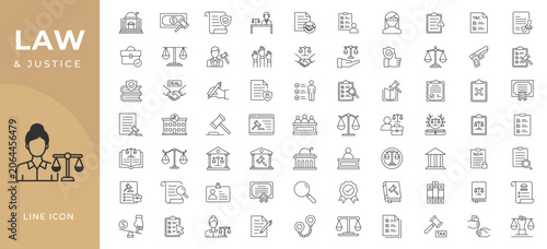 Law and justice legal icon set. Related lawyer, Court, Judgment, Agreement, Criminal, Authority and legal service icons