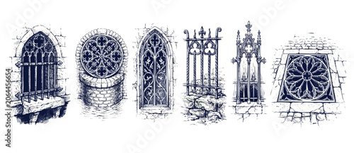 Schilderij op canvas Gothic window elements sketch set featuring medieval rose window designs, arched