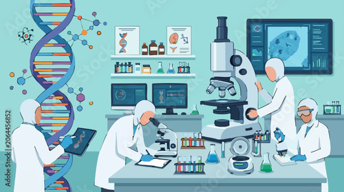 Foto Team of scientists conducting genetic research and analysis in a modern laborato