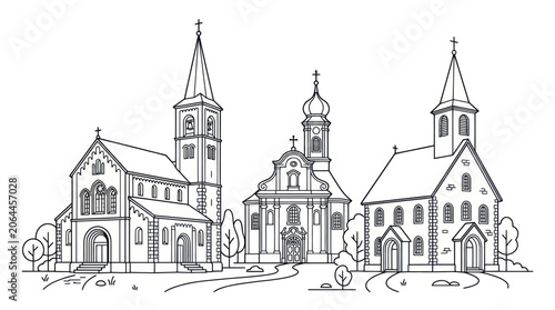 Schilderij op canvas European church line art drawings.
