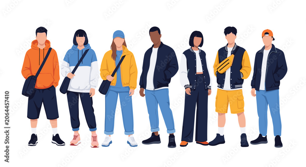 Obraz premium Diverse group of young students in trendy streetwear standing together with backpacks and bags for the school day.