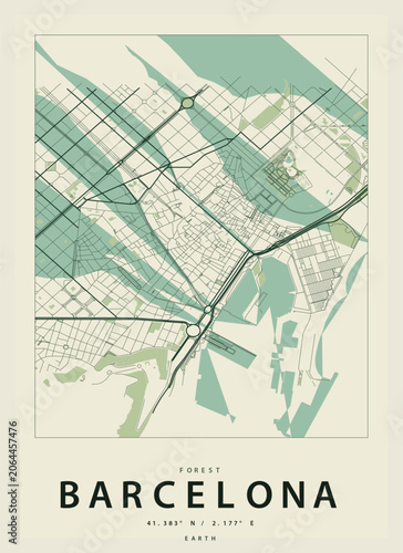 Minimalist city map poster of barcelona in forest green color scheme with geographic coordinates