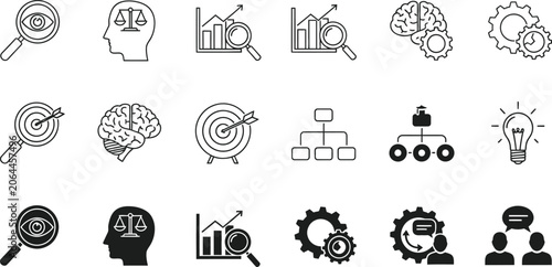 Business strategy icons set with brain and gears
