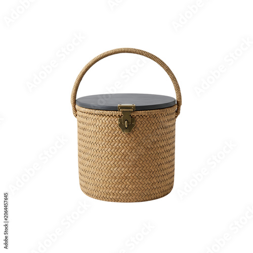 Woven basket with handle on white background