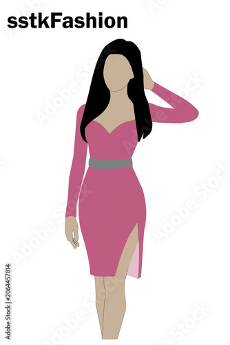 Woman in pink dress with gray belt and long black hair standing confidently fashion. Resizable and Editable. EPS, 10.