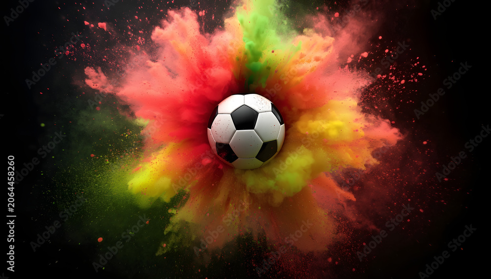 Fototapeta premium Soccer Ball Exploding with Colorful Powder Against Dark Background