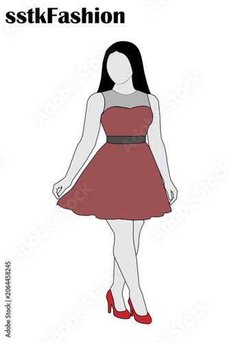 Woman in a red dress and high heels standing in a stylish pose fashion. Resizable and Editable. EPS, 10.