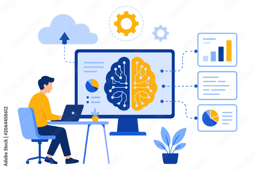 Fototapeta premium Artificial intelligence concept with brain computer interface data analysis vector illustration