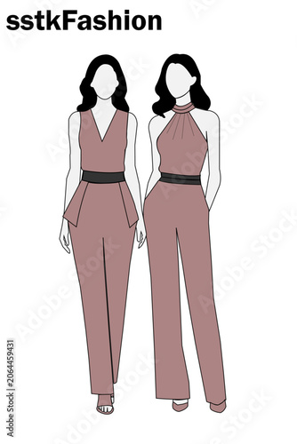 Two women wearing different stylish pink jumpsuits with black belts fashion jumpsuit belt clothing. Resizable and Editable. EPS, 10.